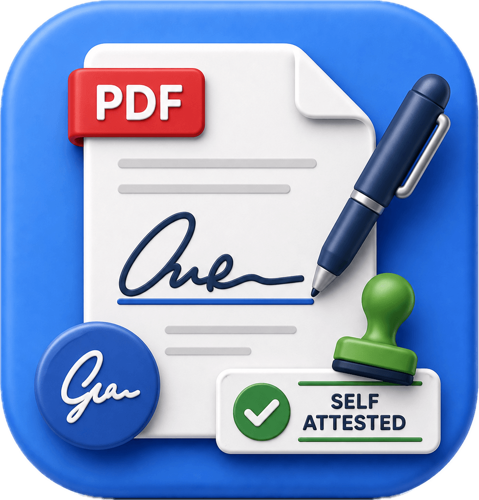 Self-Attestation & E-Sign — Draw or type your signature, stamp PDFs, and add dates — 100% in your browser.